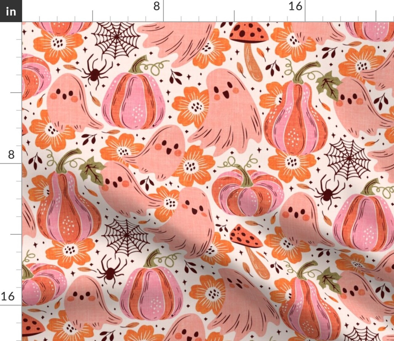 Pink Ghost Orange Pumpkins Mushrooms Cottagecore Cute Retro Halloween Custom Printed Fabric by Spoonflower Various Fabrics by the Yard or Fat Quarter